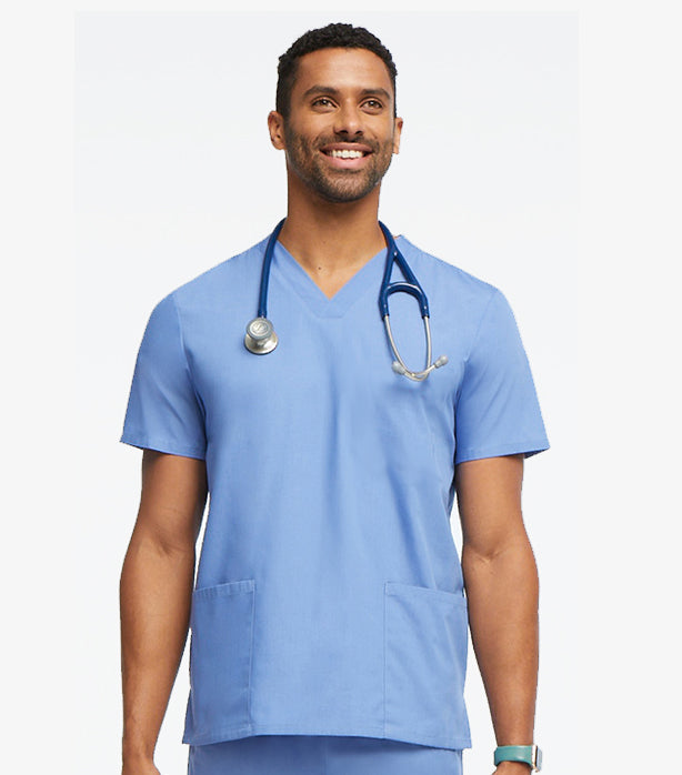 Healthcare student wearing a ceil blue scrub set with a stethoscope