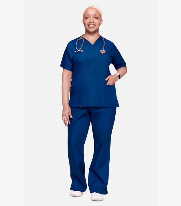 Nurse wearing a navy scrub set